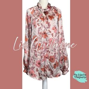 Liz Claiborne Blush Floral Crinkle Blouse XL Tie Neck Long Sleeve